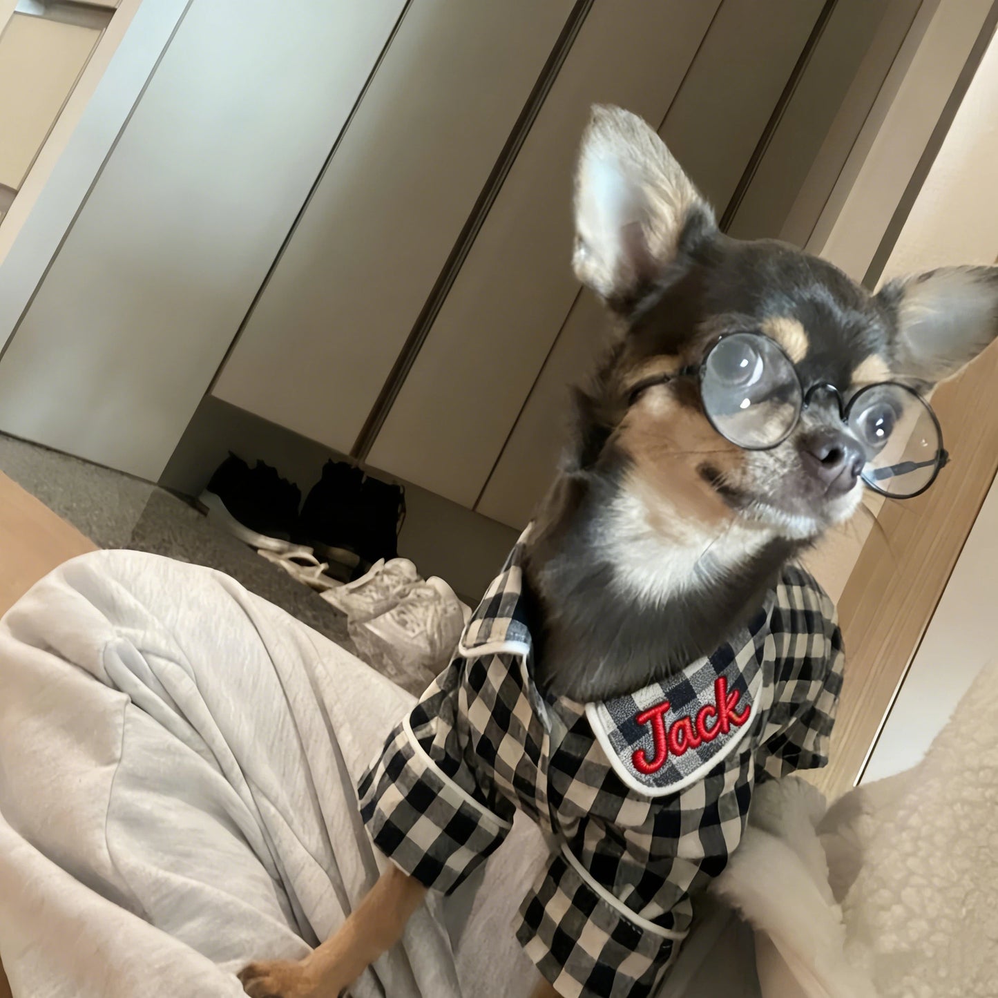 Personalisierter bestickter Name Baumwoll-Leinen Karierter Hunde-Schlafanzug | inCloth70
