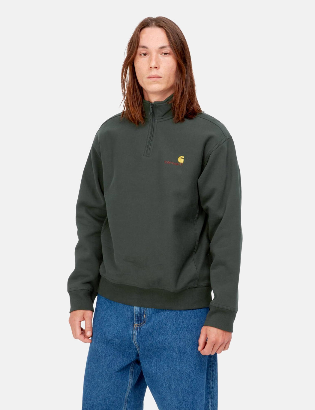 Sweat-shirt American Script demi-zip - Vert cèdre foncé