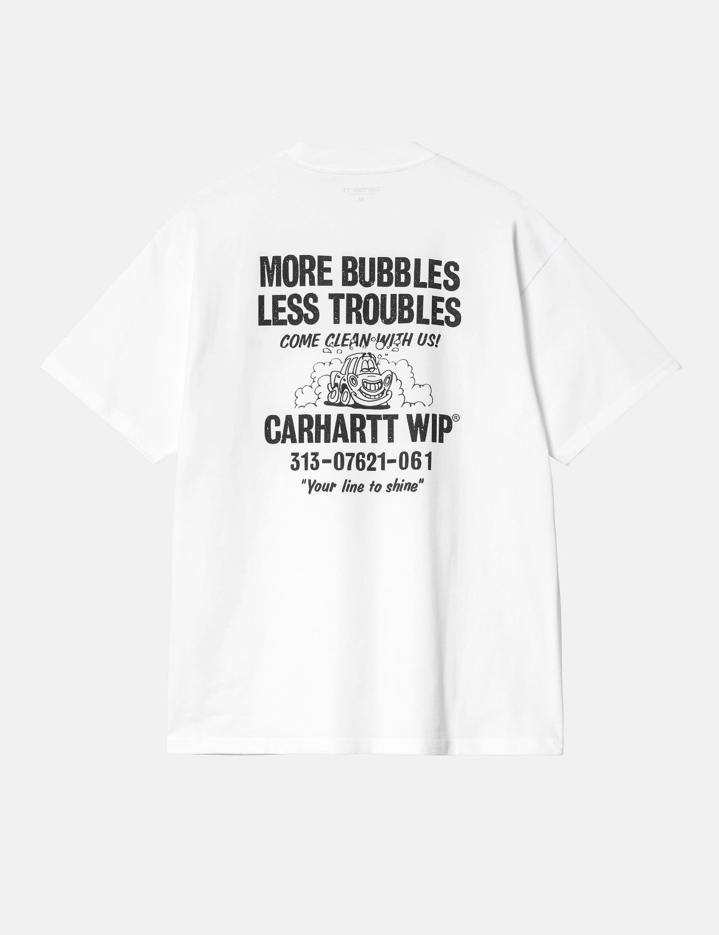 T-Shirt „Less Troubles“ (locker geschnitten) – Weiß/Schwarz