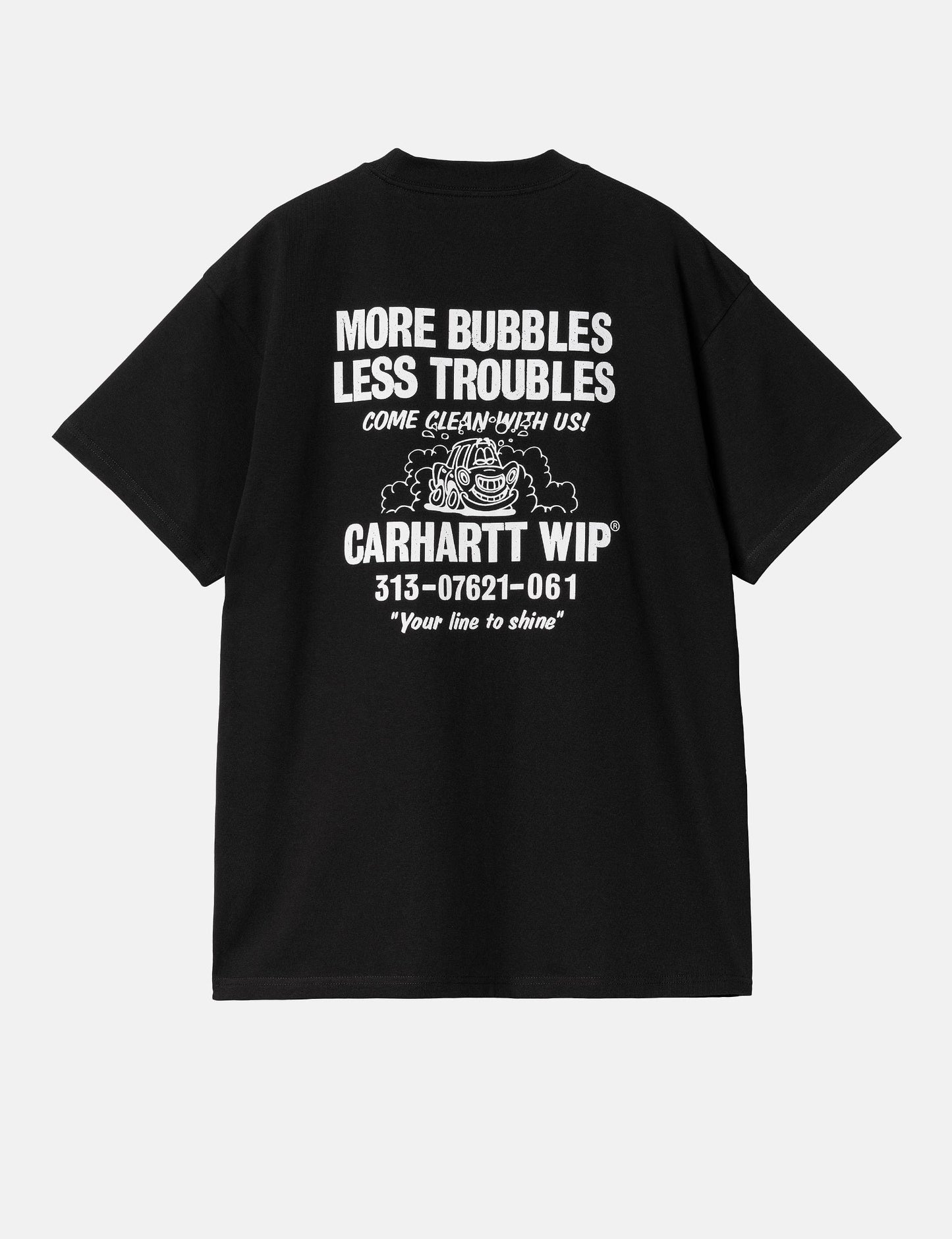T-Shirt „Less Troubles“ (locker geschnitten) – Schwarz/Weiß