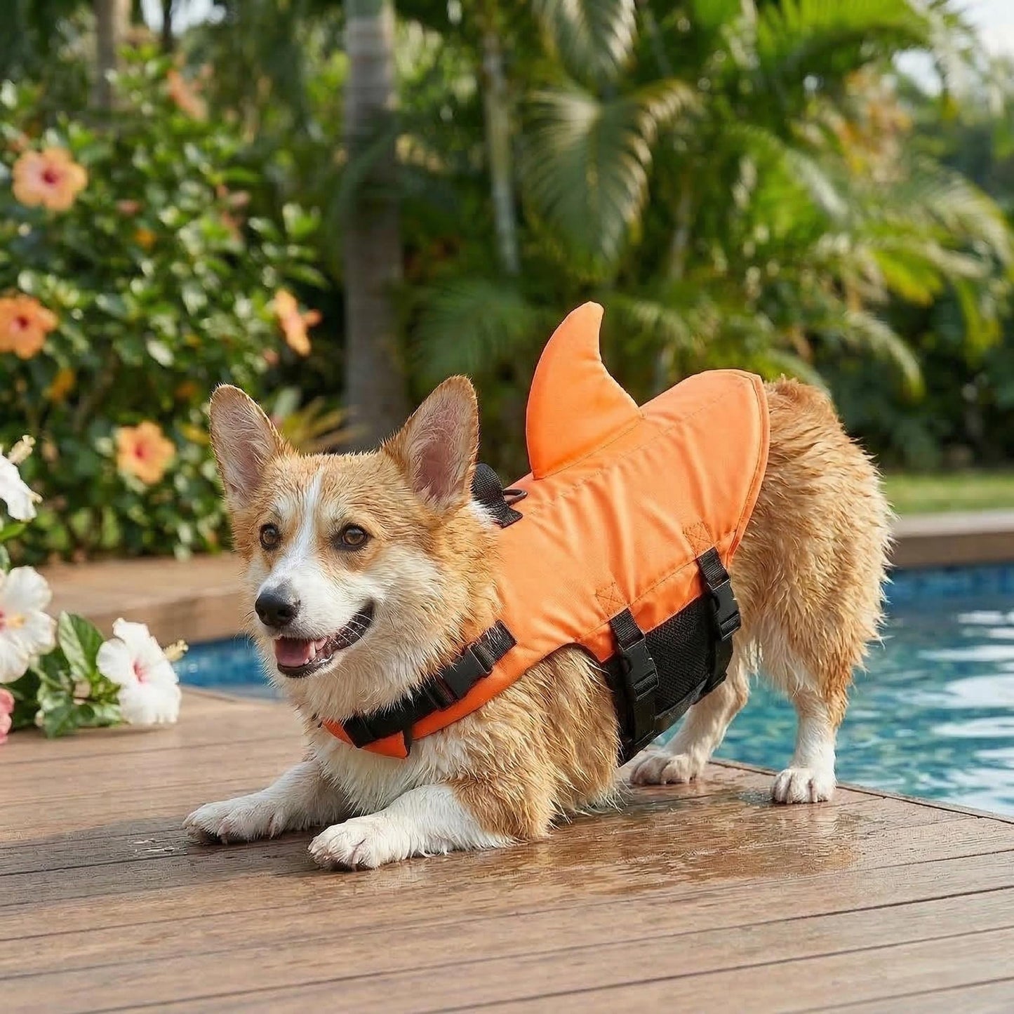 Personalisierte Haustier-Schwimmweste mit Namen in Hai-Optik | inCloth56